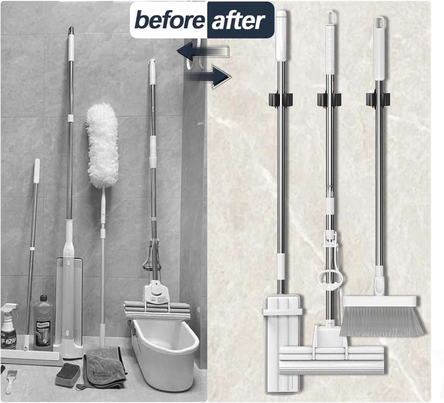 3-H Stainless Steel Broom Holder Wall Mount 6-Pack- Heavy Duty Mop Organizer, Wall Mounted Broom Storage with Secure Mounting for Kitchen Laundry Garage Bathroom (Space Saving)