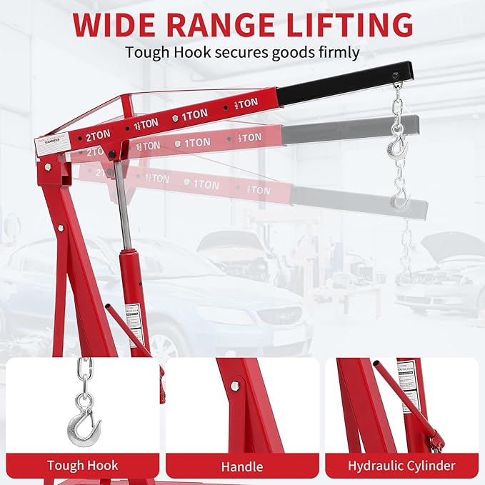 2-Ton Folding Engine Hoist Cherry Picker 4400 Lb Capacity Hydraulic Shop Crane with Telescoping Boom 6 Caster Wheels for Automotive Repair Garage Use Includes Hitch and Storage Stand Red