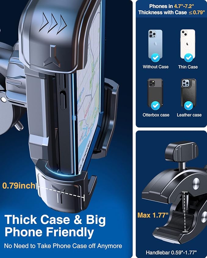 Motorcycle Phone Mount Holder, [150mph Wind Anti-Shake][7.2inch Big Phone Friendly] Bike Phone Holder, Motorcycle Handlebar Cell Phone Clamp, Compatible with iPhone 16 Pro Max, Black