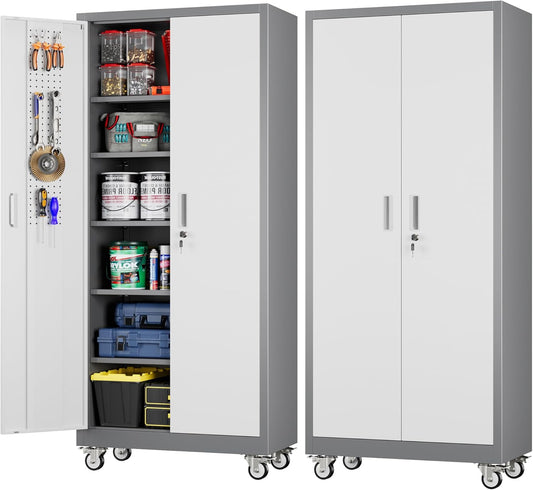 Metal Garage Cabinet with Wheels and Pegboard 71'' x 32'' x 16'', Lockable Rolling Steel Cabinet with 5 Adjustable Shelves and Door for Garage, Office, Kitchen, Assembly Required