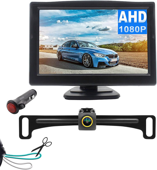 Wired Backup Camera for Truck 5 '' AHD 1080P Front Rear View Monitor KIT 2K IP67 Waterproof Night Vision Reverse Camera for CAR, License Plate Back UP Reverse Camera for 12V Cars Sedan Truck Van SUV