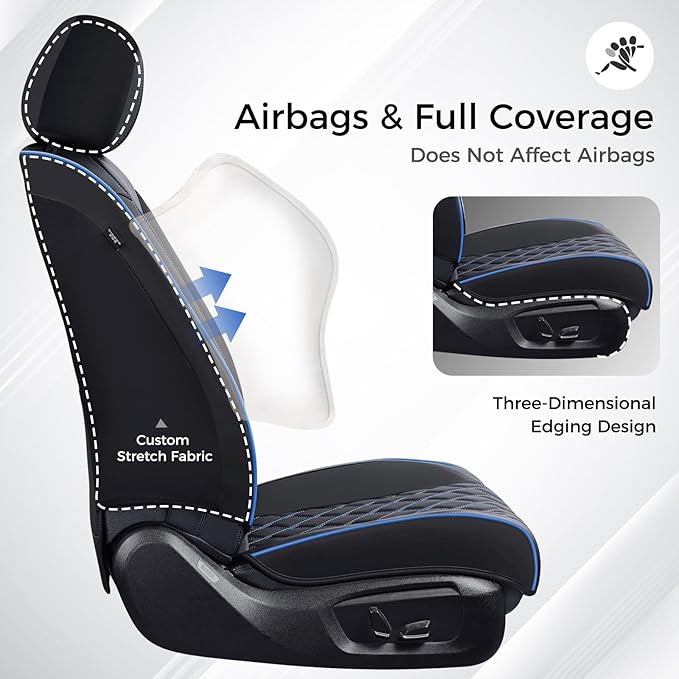 Huidasource Seat Covers Full Set, Nappa Leather Seat Covers, Blue Car Seat Covers, Universal Fit Front & Split Bench Rear, Airbag Compatible, for Most Cars,Vans,Trucks, SUVs(Full Set/Black&Blue)