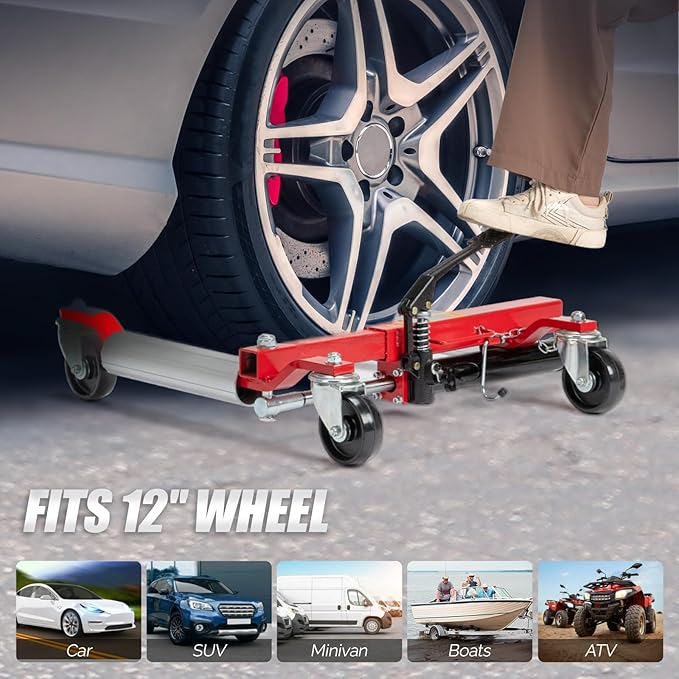 TUFFIOM Car Wheel Dolly Jack Set of 4, Hydraulic 6000-lbs Car Skates, 12'' Wheel Vehicle Positioning Jack, Heavy Duty Rollers with Foot Pedal for Tire Auto Repair Moving, Red