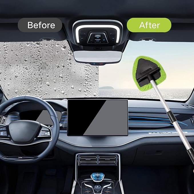 10pcs Windshield Cleaning Tool Inside Car Window Cleaner Wash Kit with 4 Reusable Microfiber Pads 1 Spray Bottle and Extendable Handle Interior Auto Glass Wiper Kit, Green