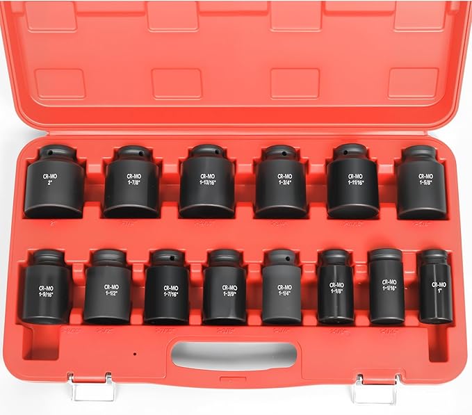 1/2" Inch Drive Deep Impact Socket Set,6-Point,SAE Sizes(1“-2”),14 PCS,Cr-Mo Steel,Heavy Duty Impact Sockets for Automotive & Industrial Machinery,With a Storage Case