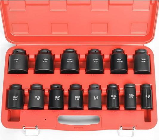 1/2" Inch Drive Deep Impact Socket Set,6-Point,SAE Sizes(1“-2”),14 PCS,Cr-Mo Steel,Heavy Duty Impact Sockets for Automotive & Industrial Machinery,With a Storage Case
