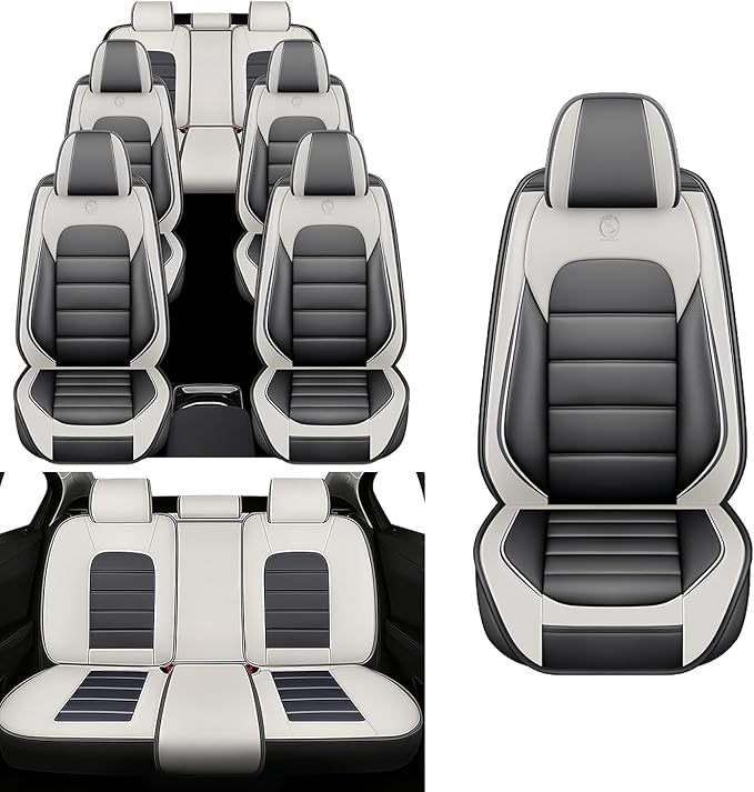 Car Seat Covers Fit for Toyota Highlander 2000-2025 | 7 Seat Car Seat Cover | No-Slip Waterproof Breathable Faux Leather Automotive Seat Covers Auto Interior Covers White Gray,Full Set