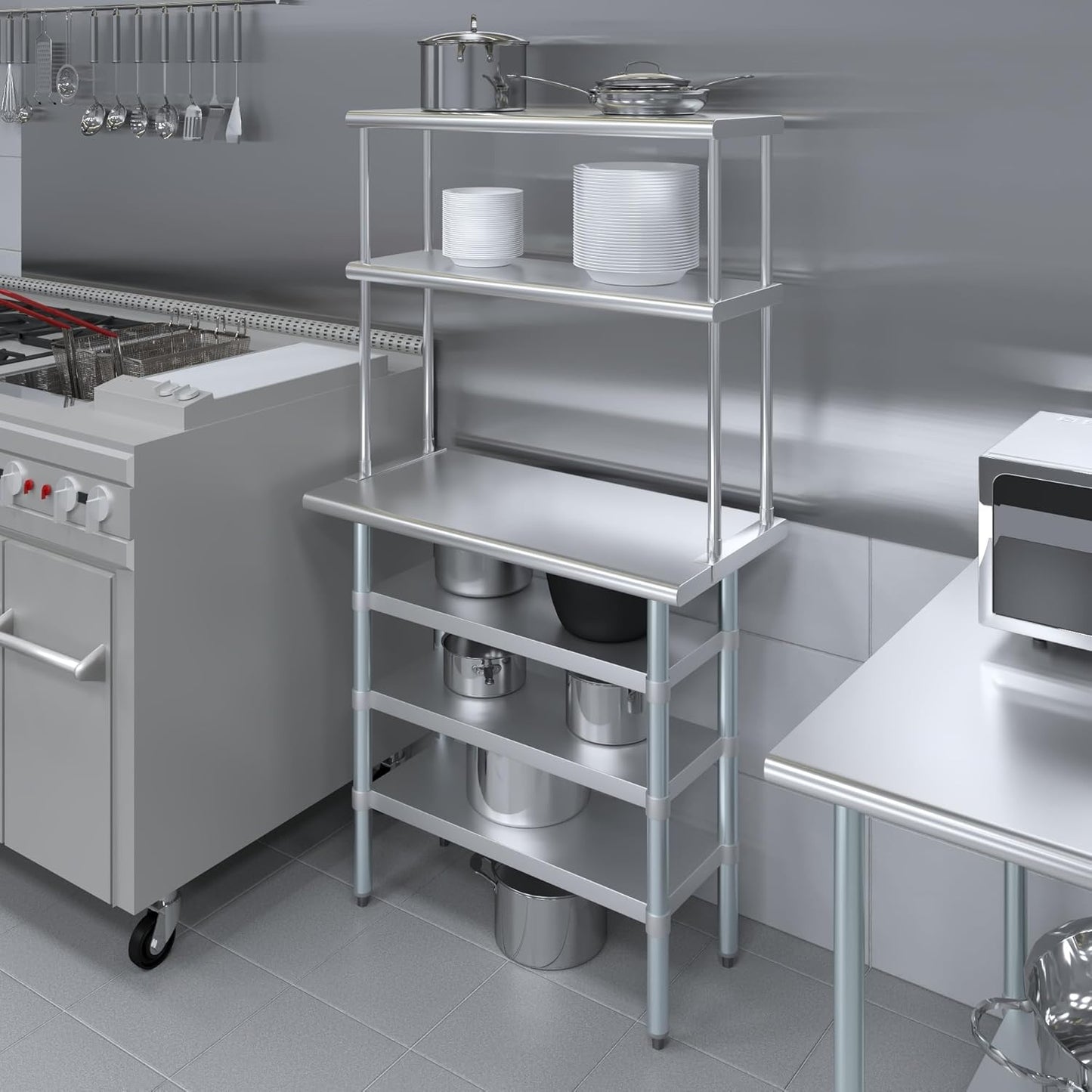 Amgood 18" x 36" Stainless Steel Work Table with 3 Shelves and 12" Wide Double Tier Overshelf | Metal Kitchen Prep Table & Shelving Combo | NSF