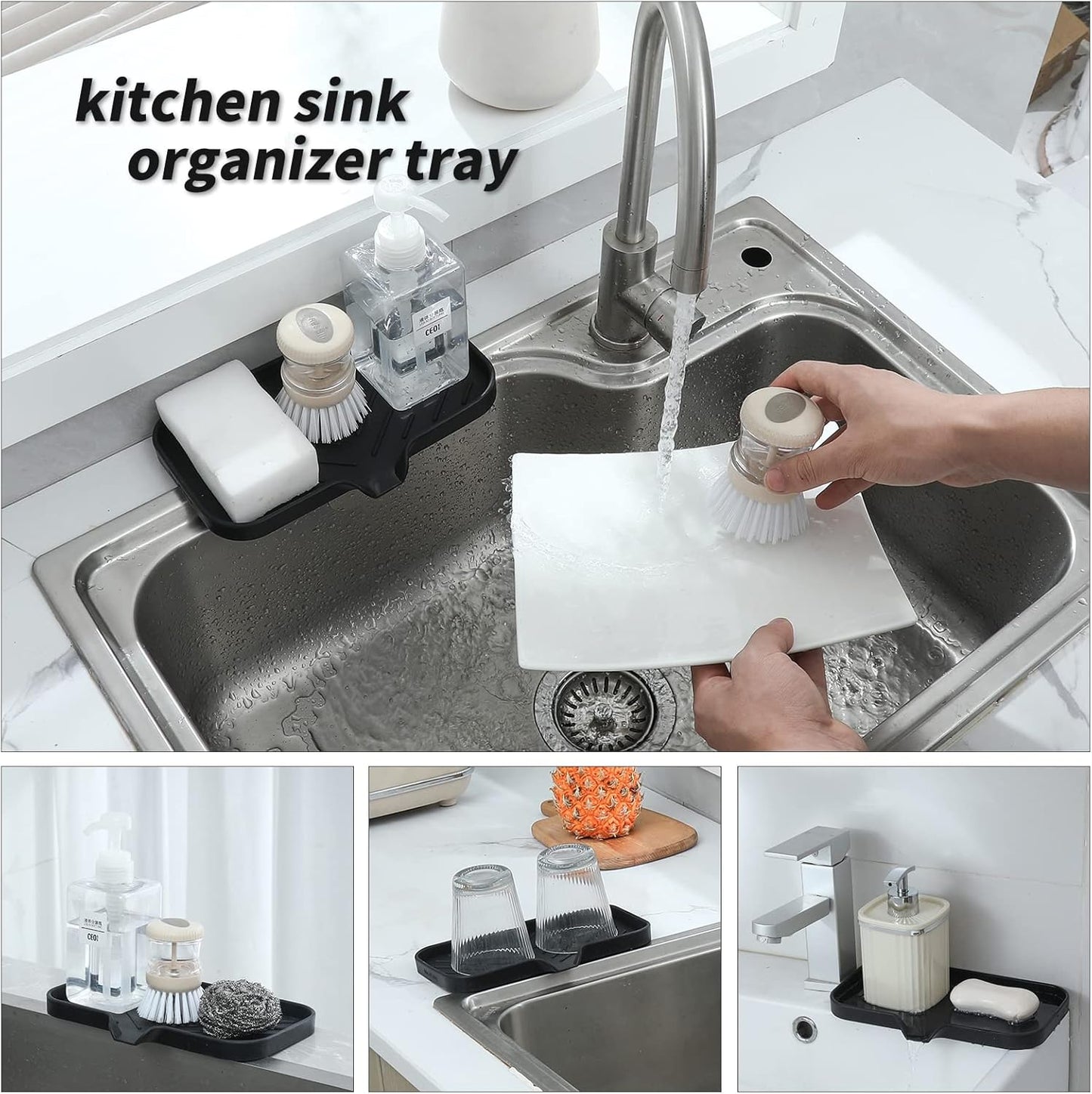 Silicone Bathroom Soap Dishes with Drain Spout-Bathroom and Kitchen Sink Organizer,Sponge Holder,Dish Soap Tray,Perfect for Dispenser,Scrubber,Bottle,Cup on Sink or Counter-Black 9.6"×5.3"