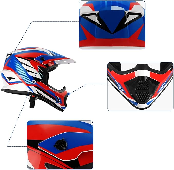 XFMT DOT Youth Kids Dirt Bike Helmet Full Face Motocross Helmets for Off-Road ATV Street Bike Four Wheeler Motorcycle with Goggles & Gloves, Red White and Blue Small