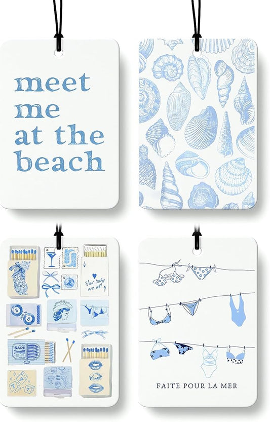 Blue Beach Cologne Car Air Freshener 4 Pcs, Preppy Girly Coastal Beachy Seashell Hanging Air Freshener for Cars Bathroom Dorm Books Decor, Cute Beach Accessories Gifts for Women Girls