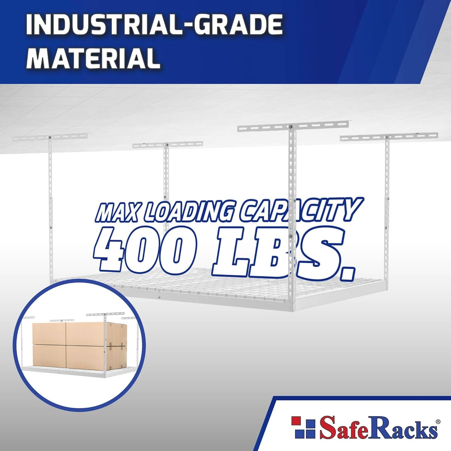 SafeRacks Overhead Garage Storage Rack - Heavy Duty Racks for Garage with 400 lb Capacity, Easy Garage Shelving, Adjustable Storage Rack, Ceiling Mount Storage Shelves 3x6 White (24"-45")