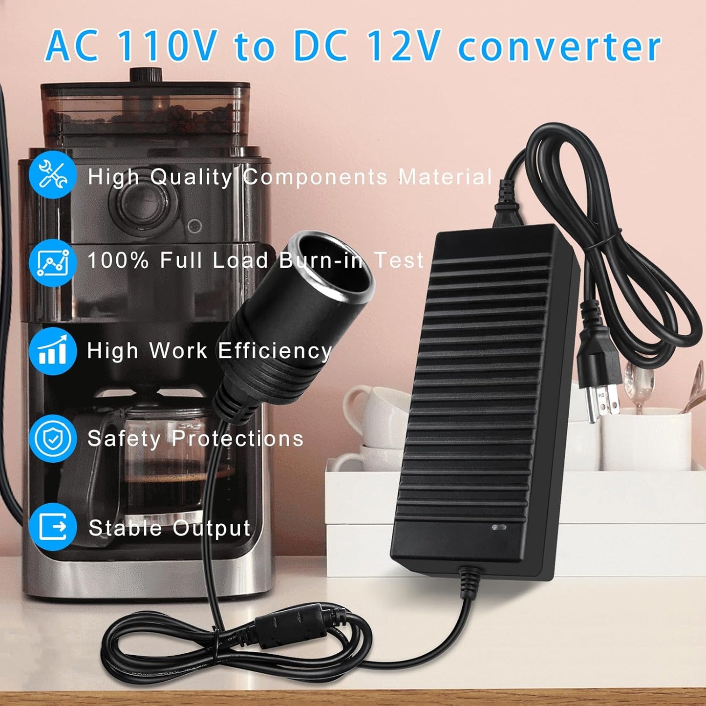 inShareplus 12V 120W 10A AC to DC Converter (3 Pin), 110V to 12V Cigarette Lighter Adapter to Wall Outlet Socket, 12 Volt Power Supply Transformer for Car Devices (MP3, Fan, Dash Cam ect.)