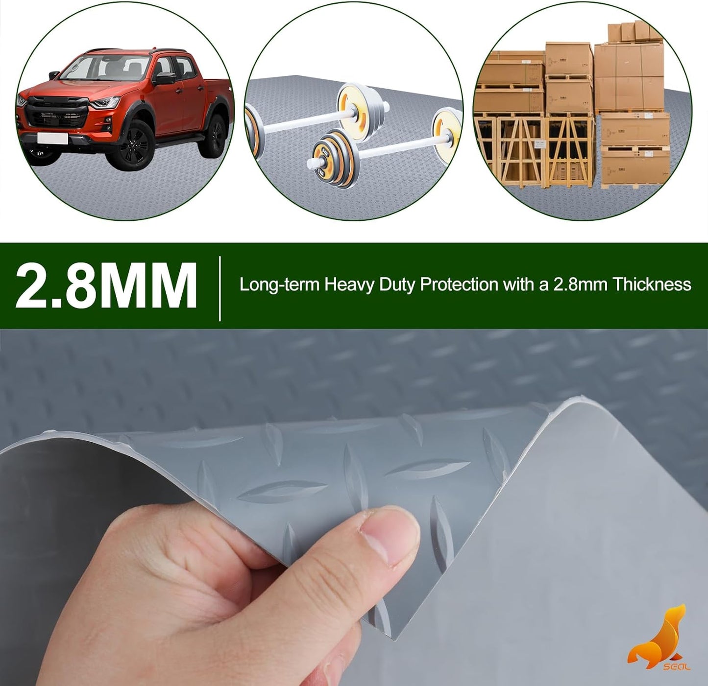 SEAL 4 x 15 Ft Premium Garage Floor Mat, Solid 2.8mm Thick Gray Commercial Grade Heavy Duty Parking Mat for Garage Floor, Golf Cart Parking, Water/Stain Resistant Floor Runner (Embossed Diamond Plate)