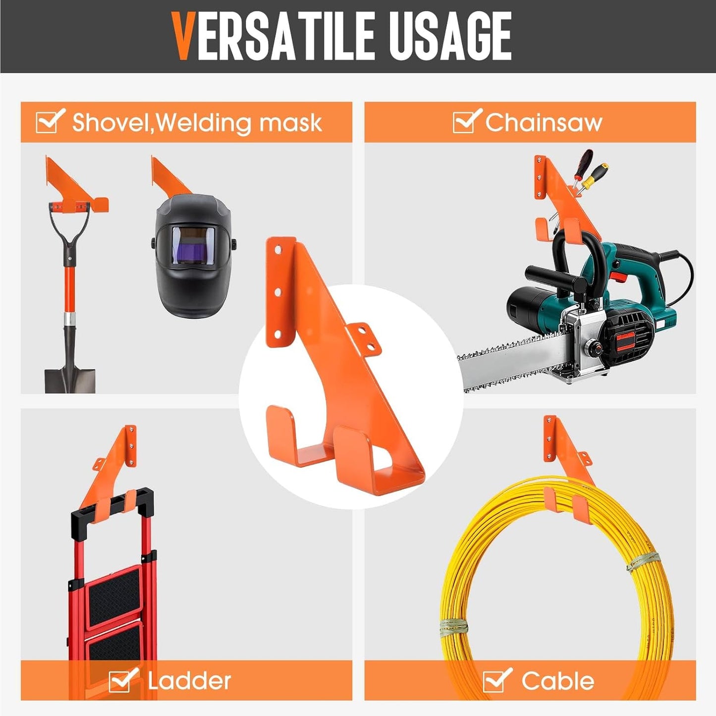 Chainsaw Hanger, Heavy Duty Chain Saw Stand 3-in-1 Wall Mount with Accessory Tool Hooks for Garage Shed Organizer Storage, Includes Mounting Hardware (1 Pack)