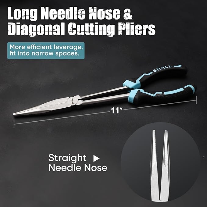 SHALL 3 PCS Long Needle Nose Pliers Set, 11" Long Nose Plier, 90° & 45° Bent Nose Pliers, Roll Up Storage Pouch Included, Two-Color TPR Handle, for Car Repair/House Work