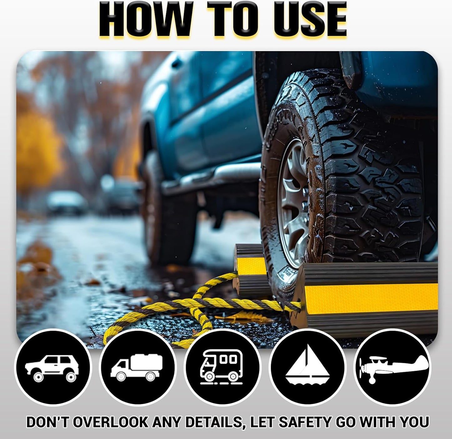 Heavy-Duty Wheel Chocks with Extra-Long Safety Rope (86") - 2-Pack Reflective Rubber Blocks for Trailers, Trucks, Campers & Garage Use (1pair/2pack with Rope)