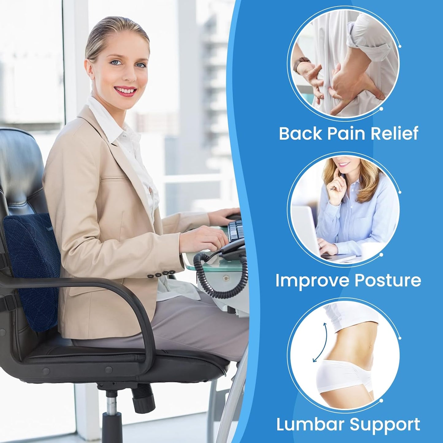 Lumbar Support Pillow for Office Chair Back Support Lumbar Pillow for Car, Gaming, Office Chair - Improve Sitting Posture & Back Pain Relief, Memory Foam, Adjustable Straps, Blue