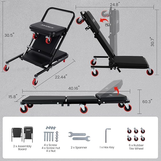 Creeper, 40 Inches 4 in 1 Z Creeper Seat 2025 Upgraded 450 lbs Capacity Garage Chair Adjustable Rolling Folding Car Creeper with 6 pcs 3" Wheels,Lay Down or Sit for Garage, Shop, Auto Repair