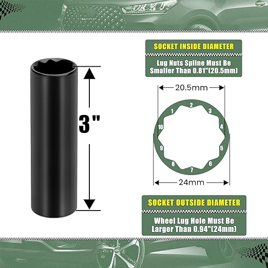 10 Point Spline Lug Nut Socket, 1/2-Inch Drive Impact Square Tool – Easily Remove M14x1.5, M14x2.0, 9/16 Lug Nuts and M16X1.5 Lug Bolts | 1 Pc (Black)