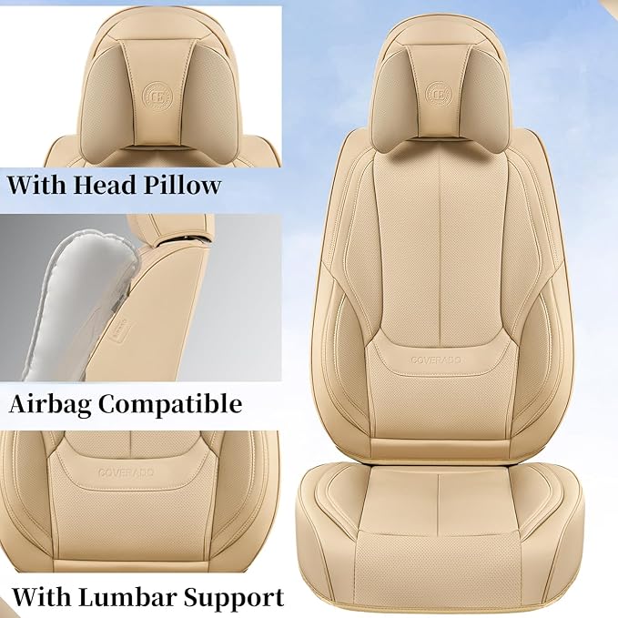 Coverado Universal Seat Covers Front, Universal Seat Covers for Cars, 2-Pack Waterproof Nappa Leather Car Seat Covers with Head Pillow, Auto Protectors Fit for Most Sedans SUV Pick-up Truck-Beige