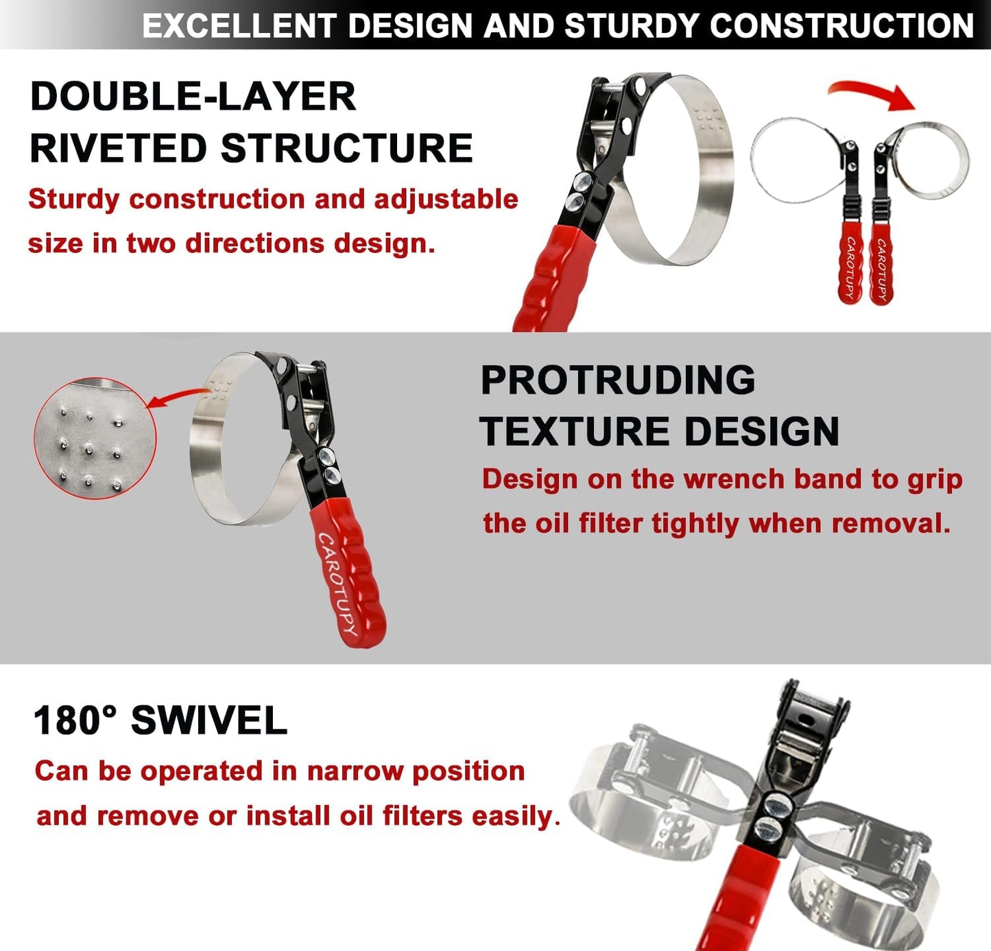 Small Swivel Oil Filter Wrench, Oil Filter Removal Tool, Adjustable Filter Wrench Fits Filter from 2-3/4" to 3-1/3" for Cars, Motorcycles and Lawn-mower