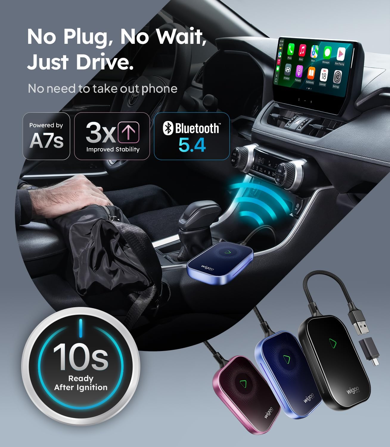 Wigoo 2025 Upgrade Wireless CarPlay Adapter for iPhone [Long-Drive Stability, 10s Connect, Easy Use] Converts Wired to Wireless, Low Delay CarPlay Dongle, Fit for Cars with Wired CarPlay, Black