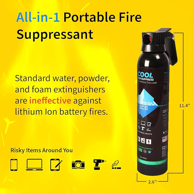 Lithium-Ion Fire Suppressant by Battery Ice | Patented Technology | Compact Fire Aerosol Spray for Home, Garage and Office | Non-Toxic, Eco-Friendly & Easy to Use (Single)
