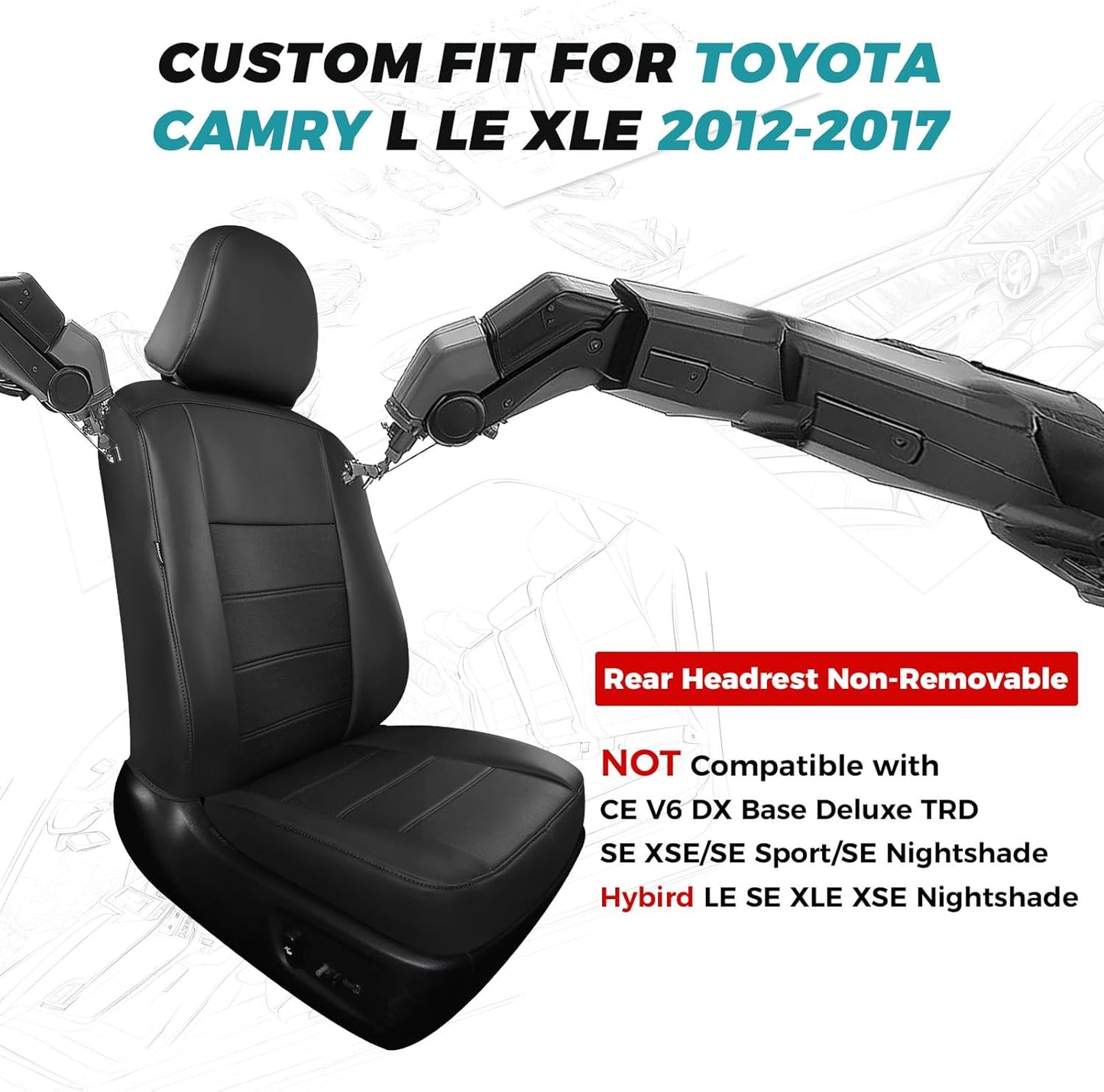 for Toyota Camry Seat Covers L LE XLE 2012 2013 2014 2015 2016 2017 - Custom Fit Car Seat Covers Full Set, Waterproof Breathable Luxury Leather Seat Covers for Cars, Black Not for Hybrid