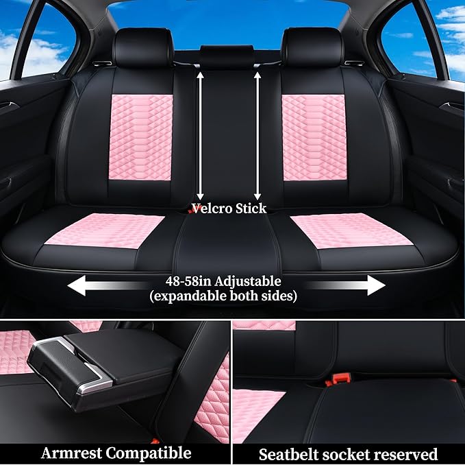 Coverado Car Seat Covers Full Set, 5 Seats Universal Seat Covers for Cars, Breathable Fabric& Faux Leather Auto Seat Cushions, Front and Rear Seat Protectors Fit for Most Sedans SUV Truck, Pink