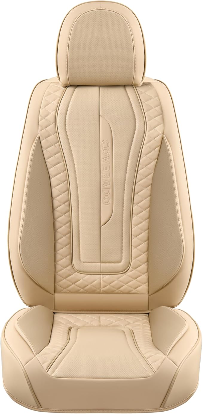 Coverado Car Seat Covers, Front Seat Cover 2-Pack, Faux Leather Waterproof Seat Covers, Car Seat Protectors,Driver Seat Covers Automotive Seat Covers Accessories Universal Fit Most Vehicles Beige