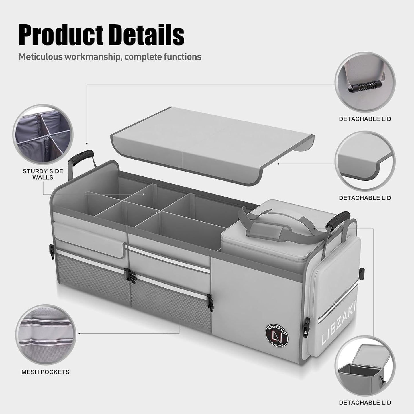 LIBZAKI Oversize 4 in 1 Car Trunk Storage Organizer, Multi Compartment Collapsible Trunk Storage Box with Cooler Bag for Car Truck SUV-Gray