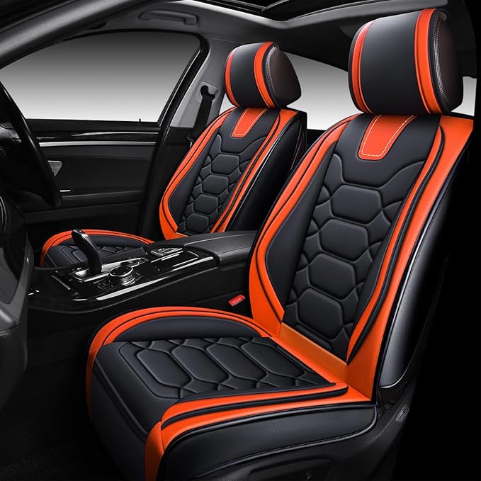 OASIS AUTO Car Seat Covers Full Set, Waterproof Faux Leather Seat Covers for Cars Universal Fit for SUV, Truck, Sedan, Black Premium Car Seat Protector with Front & Back Cushions (OS-004 Black&Orange)