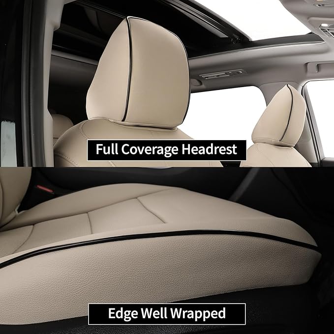EKR Highlander Seat Covers for SUV Toyota Highlander 2020 2021 2022 2023 2024 2025 2026,2nd Row 40/60 Split,Car Seat Covers Front Seats Back Seat,Leather Seat Covers Full Set-Faux Leather(Beige)