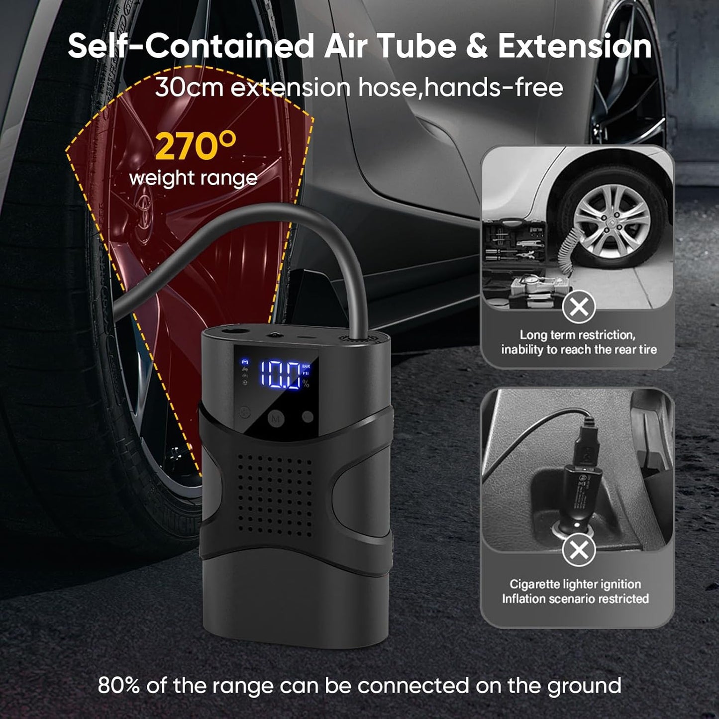 Tire Inflator Portable Air Compressor Cordless, 150PSI 6.5x Faster Portable Tire Inflator,Car Tires Air Pump with LED Lights&Digital Pressure Gauge,Auto Shut-off Smart Air Pump Suitable SUV,Truck,Bike