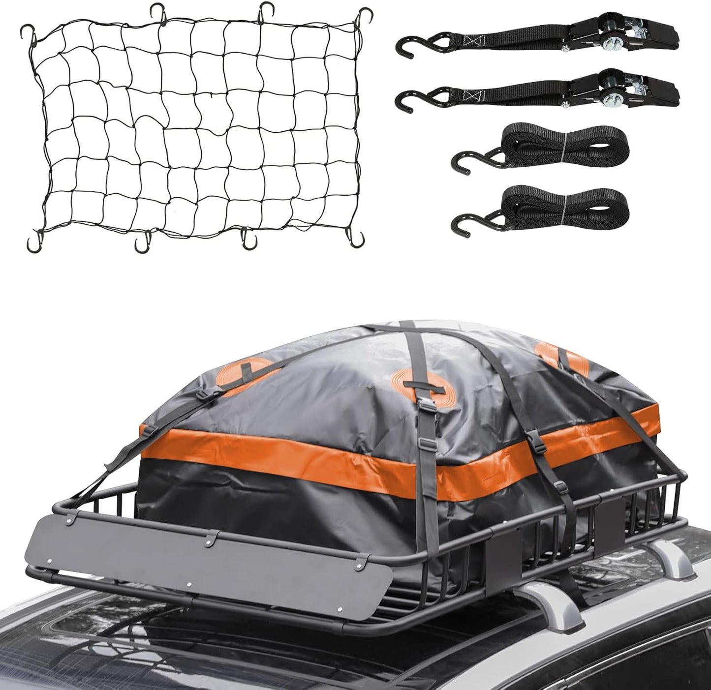 WEIZE 54" x 34" x 6" 200lb Heavy Duty Roof Rack Carrier Basket with Waterproof Bag, Cargo Net and Ratchet Straps, Universal Car Top Luggage Holder for SUV, Truck