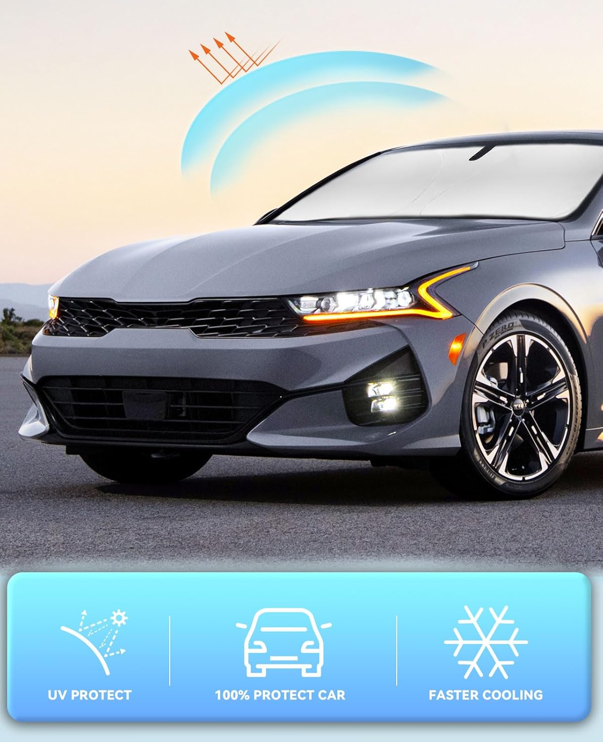 Windshield Sun Shade for 2021-2024 2025 2026 Kia K5, GT-Line, GT, Sedan Accessories Windshield Sun Visor Cover for K5 Front Window Shield 240T Reflective Polyester Protector Block UV Ray