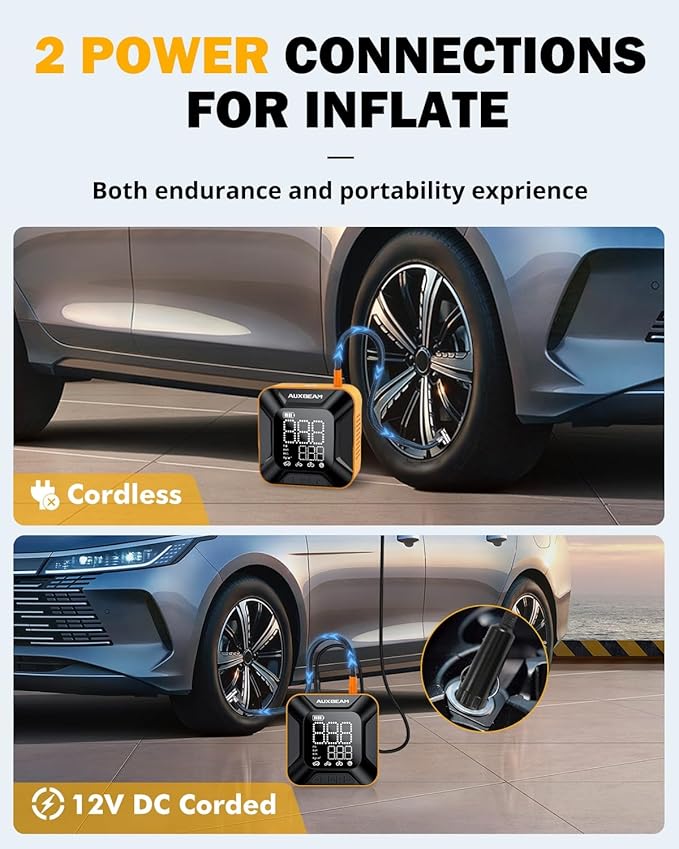 Auxbeam Tire Inflator Portable Air Compressor, Compact Car Air Pump with Digital Tire Pressure Gauge, Max 150PSI Cordless Tire Inflator for Car, Motorcycle, Bike, Ball（Ultra-HD Screen）