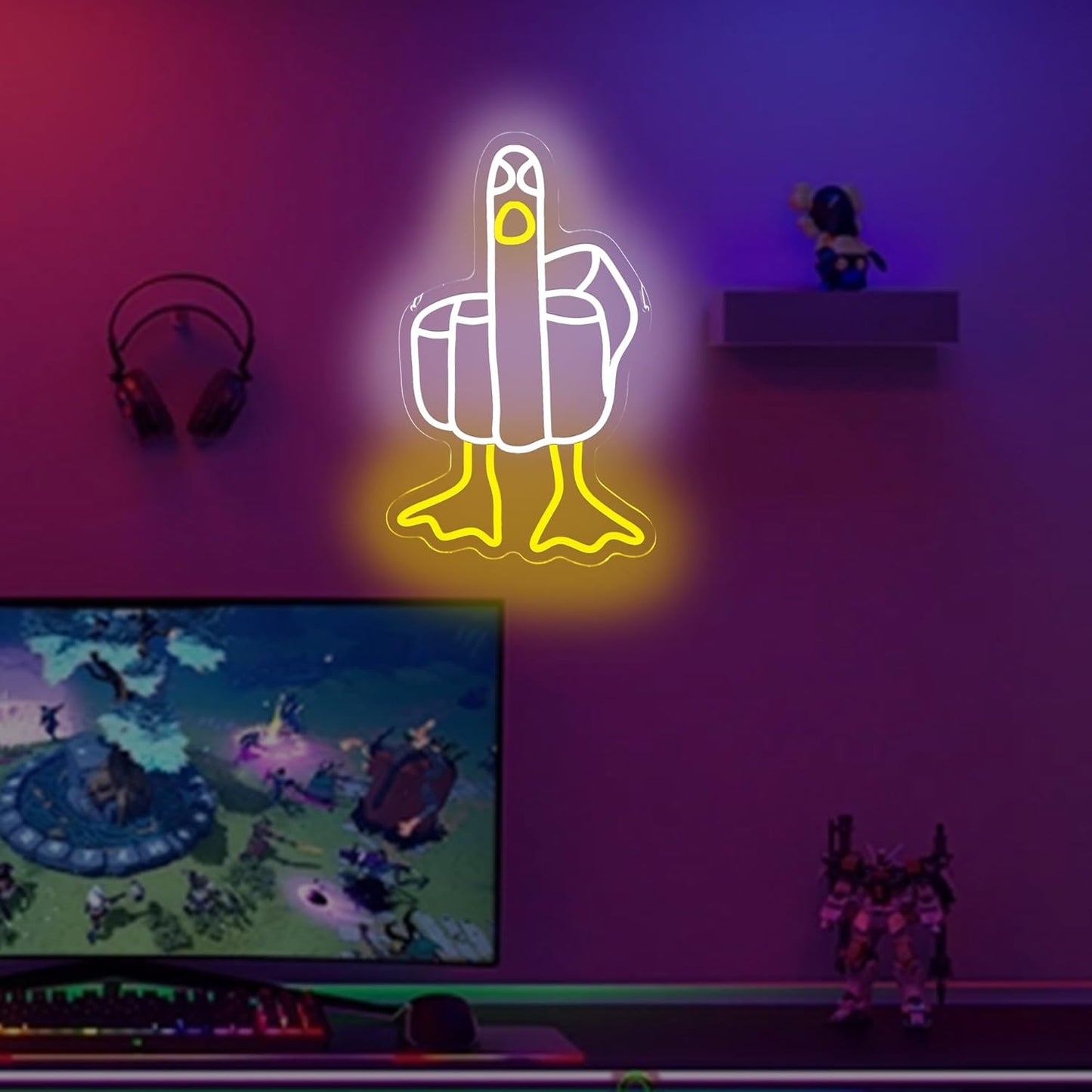 Funny Duck Neon Sign,Cool LED Neon Light Sign for Wall Decor, Aesthetic Cartoon Neon Signs for Bedroom, Game Room, Bar, Man Cave, Studio, Trendy Duck Wall Art with Hand Gesture and Yellow Duck Feet