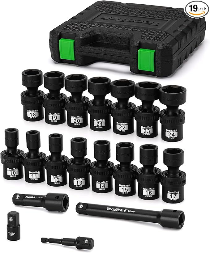 19 PCS 1/2" Drive Shallow Universal Impact Socket Set, Swivel Socket Set, Metric Socket Set with Flexible Wobble, 10-24mm, Cr-Mo Steel, Includes Extension Bars and Adapter