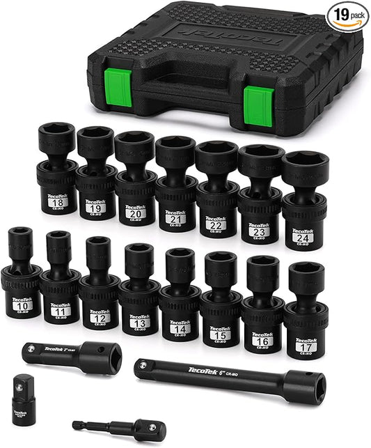 19 PCS 1/2" Drive Shallow Universal Impact Socket Set, Swivel Socket Set, Metric Socket Set with Flexible Wobble, 10-24mm, Cr-Mo Steel, Includes Extension Bars and Adapter
