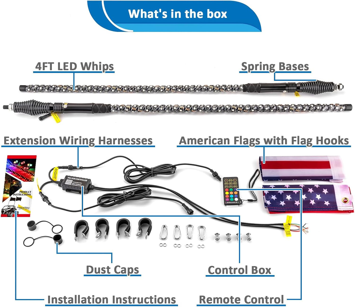 Wsays 2pcs 4ft RGB Led Whip Light with Spring Base Chasing Light with Flags and Controller Lighted Whips Fit for UTV, ATV, SUV, Car, Golf Cart, Truck, and Boat