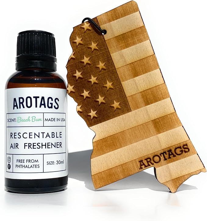 Arotags Car Air Freshener - Reusable Wood Diffuser - Hanging Odor Eliminator - Mississippi Patriot - Beach Bum Scent