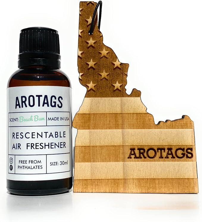Arotags Car Air Freshener - Reusable Wood Diffuser - Hanging Odor Eliminator - Idaho Patriot - Beach Bum Scent