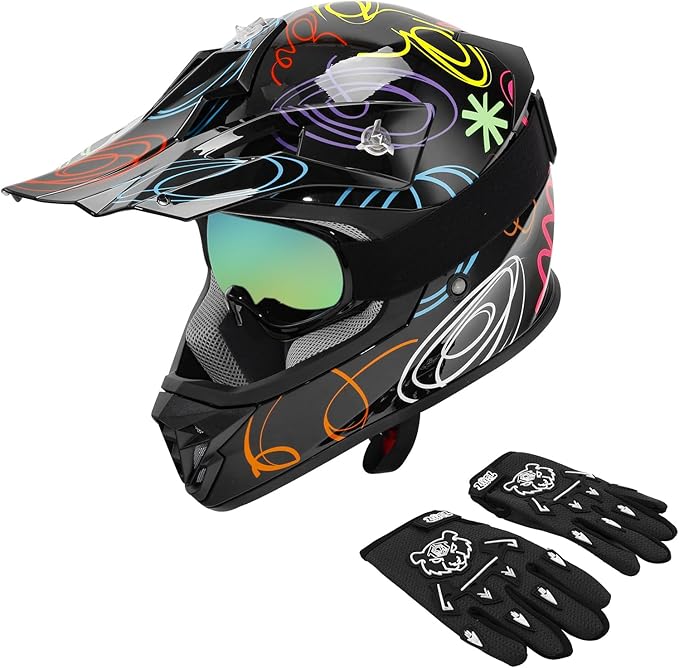 XFMT DOT Youth Kids Dirt Bike Helmet Full Face Motocross Helmets for Off-Road ATV Street Bike Four Wheeler Motorcycle with Goggles & Gloves, Graffiti Medium