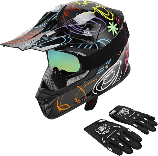 XFMT DOT Youth Kids Dirt Bike Helmet Full Face Motocross Helmets for Off-Road ATV Street Bike Four Wheeler Motorcycle with Goggles & Gloves, Graffiti Medium