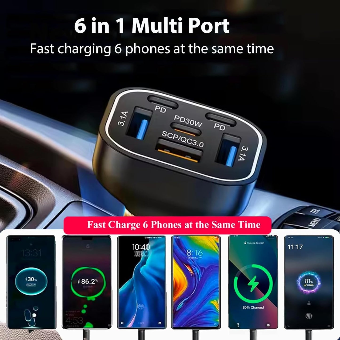 6 in 1 Multi Port USB C Car Charger Adapter PD 30W 6 Ports Super Fast Charging Cigarette Lighter Adapter 2 USB-C for MacBook iPhone 16/15/14/13/12 Galaxy Android Phones