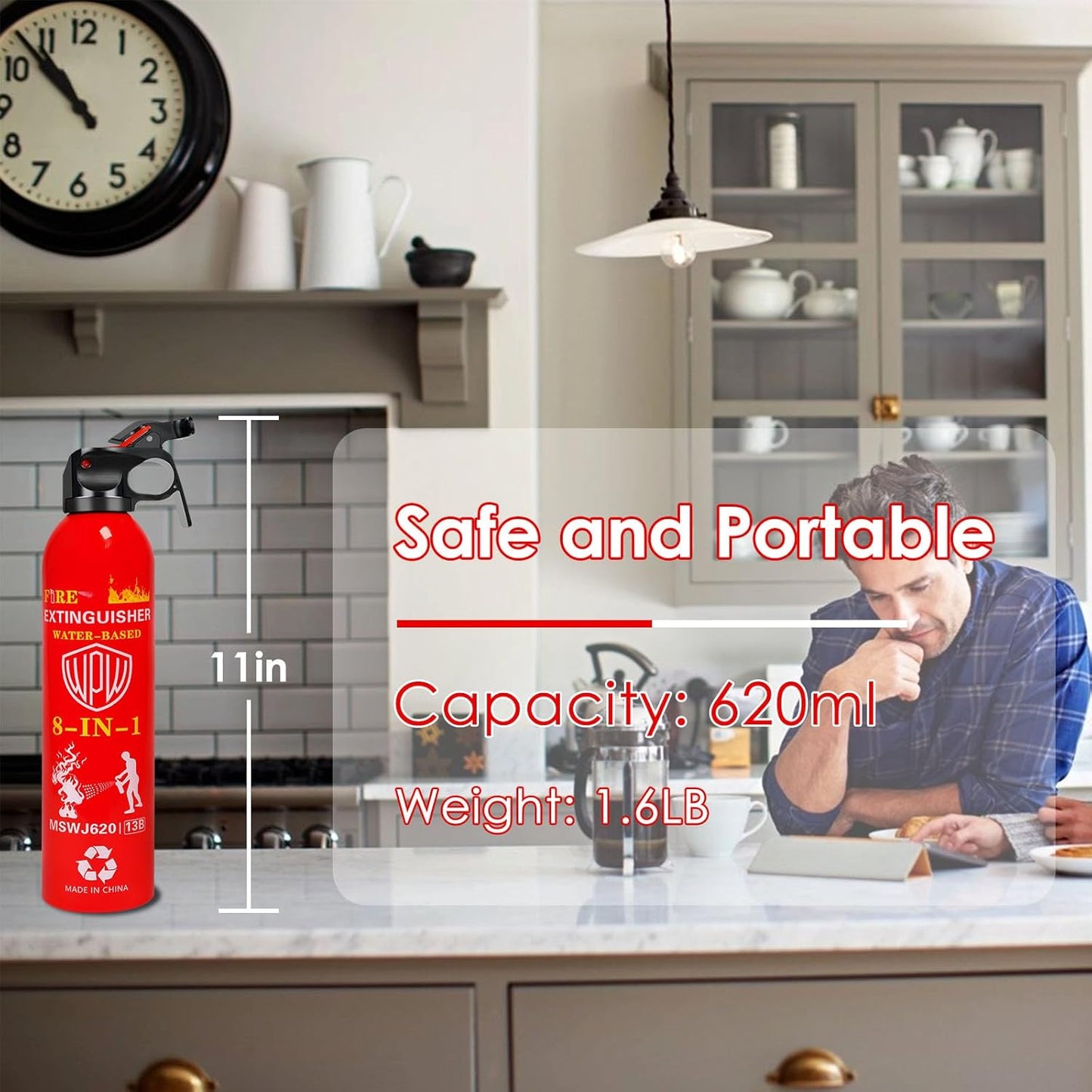 WPW 620ml Large Upgraded 8-in-1 Fire Extinguisher for Home with Wall Mount Portable Fire Extinguisher For Vehicle Car Boat House Kitchen Emergency Supplies, Water-Based Solution For A, B, C, K Fire