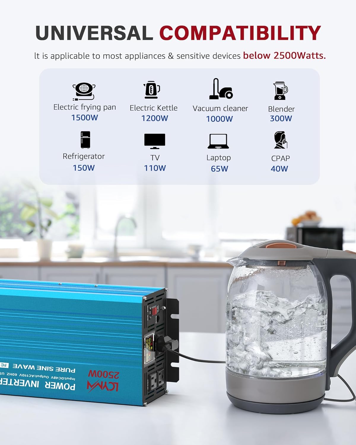 Power Inverter 2500 Watt Pure Sine Wave 12V DC to 110V/120V AC 5000W Peak Converter for Family RV Off Grid Solar System with 3 AC Outlets LCD Display Remote Control and 2.4A USB Charging Port