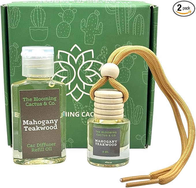 Car Air Freshener with 1 Oz Refill included | Car scented on the go | Car Air Freshener | Long Lasting Hanging Fragrance | Phthalate Free Fragrance. (Mahogany Teakwood, 8 ml)